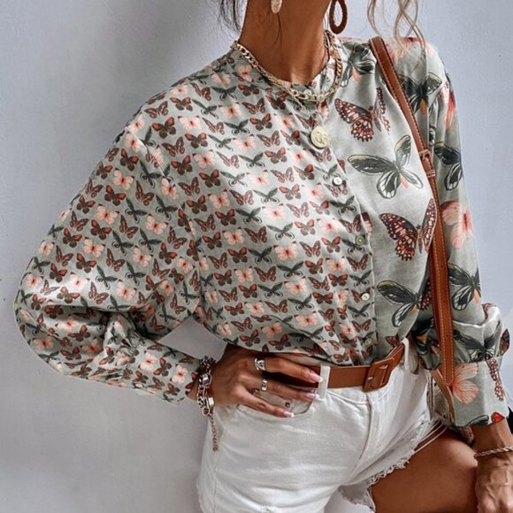 BOHO DOLLZ Butterfly Print Button Front Blouse - Picture 5 of 8